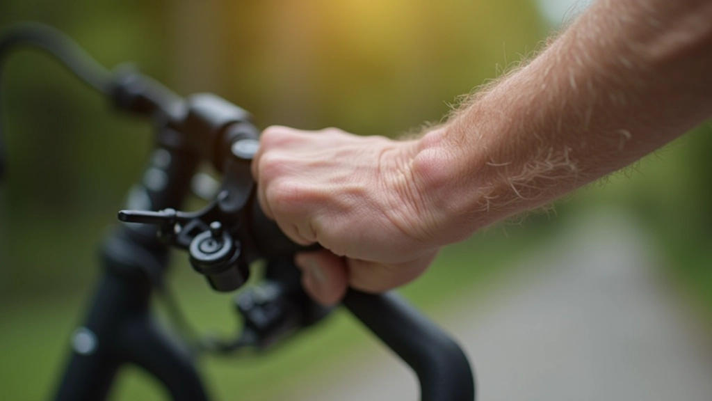Seniora roka uz velosipēda stūres ar pareizu pozīciju un ergonomiku